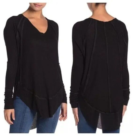 Free People Catalina V-Neck Thermal Top - size Small in Black. - Picture 1 of 11
